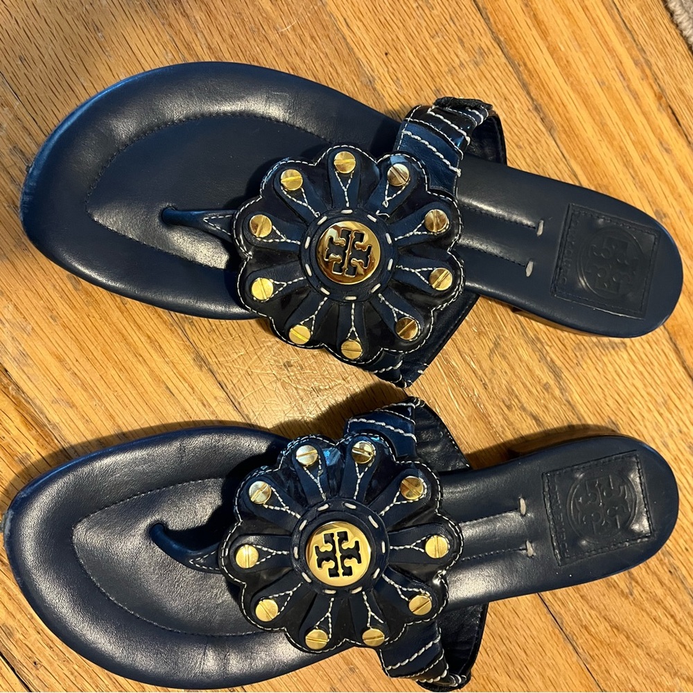 Tory Burch Navy Gold Flower Thong Sandals